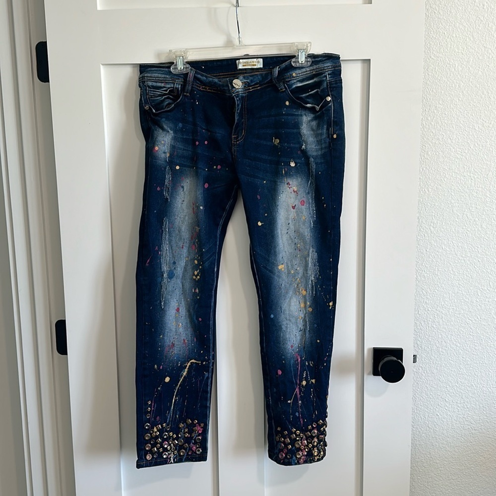 Dsquared Luxury Women's 32 Paint Splatter Slim Leg Studded Ankle Jeans Artsy